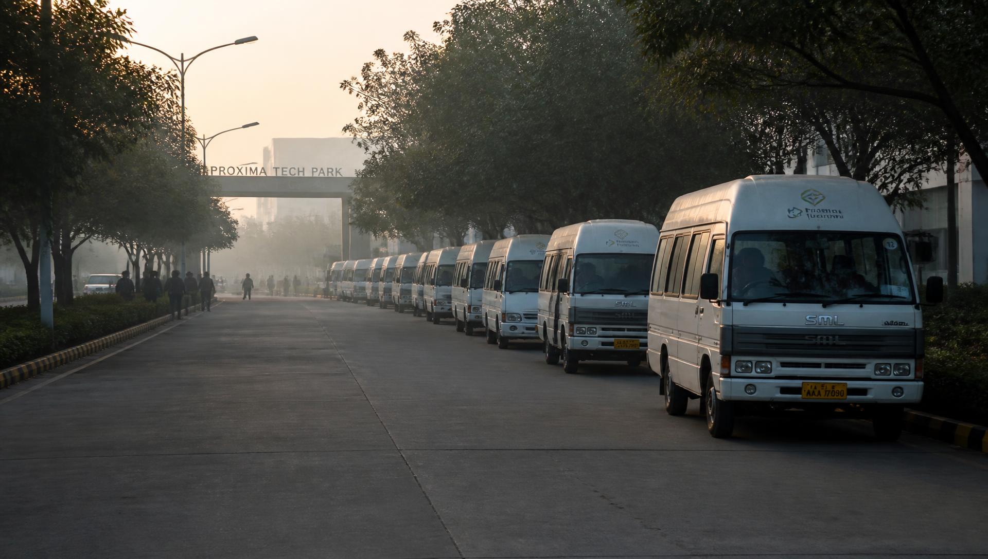 Employee shuttle buses queued at dawn on the approach road to an Indian tech park